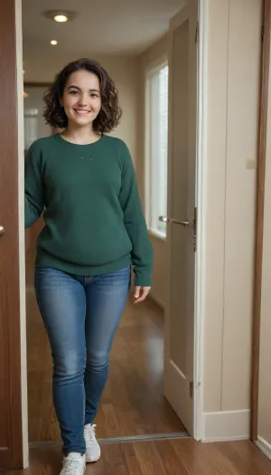 shy 28 year old woman, walking through door into room, opening door, (smiling), (highly detailed facial expression), ((well-built figure with slightly chubby legs)), (normal upper body), (short girl), (short brown wavy hair), (curly bobcut), (short dark brown hair), small breasts, flat chest, (dark green cashmere pullover:1.2), (dark green jumper), (emerald pullover), (wearing long blue jeans and white sneakers), (well-built upper body)