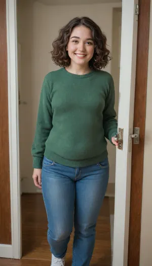 shy 28 year old woman, walking through door into room, opening door, (smiling), (highly detailed facial expression), ((well-built figure with slightly chubby legs)), (normal upper body), (short girl), (short brown wavy hair), (curly bobcut), (short dark brown hair), small breasts, flat chest, (dark green cashmere pullover:1.2), (dark green jumper), (emerald pullover), (wearing long blue jeans and white sneakers), (well-built upper body)