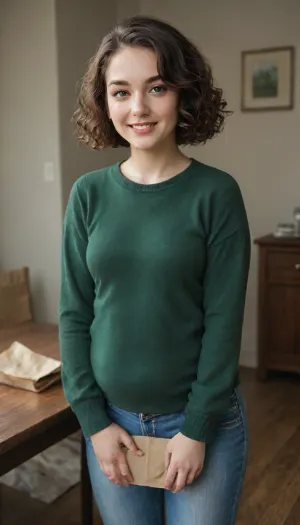shy 28 year old woman, (smiling), (turned back to viewer), (room with cheap desk), ((well-built figure with slightly chubby legs)), (normal upper body), (short girl), (short brown wavy hair), (curly bobcut), (short dark brown hair), ((standing insecurely)), small breasts, flat chest, (dark green cashmere pullover:1.1), (dark green jumper), (emerald pullover), (wearing blue jeans and white sneakers), (well-built upper body), (looks into a paper bag on the table:1.2)