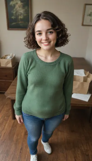 shy 28 year old woman, (smiling), (turned back to viewer), (room with cheap desk), ((well-built figure with slightly chubby legs)), (normal upper body), (short girl), (short brown wavy hair), (curly bobcut), (short dark brown hair), ((standing insecurely)), small breasts, flat chest, (dark green cashmere pullover:1.1), (dark green jumper), (emerald pullover), (wearing blue jeans and white sneakers), (well-built upper body), (looks into a larger paper bag on the table:1.2)