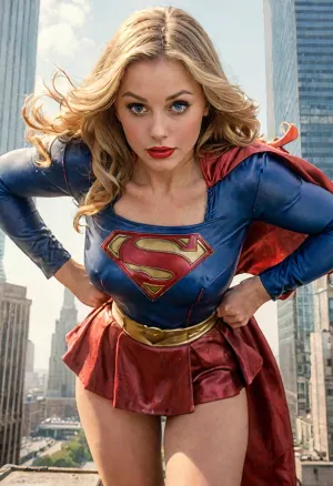 best quality, masterpiece, Supergirl standing on a skyscraper with a flirtatious gaze at the viewer, lowcut uniform, cleavage, sexy, wand lifting skirt, gil, elvgren, braless, Wearing, clothes, that, make, sense, with, Braless>, <lora:ge-xl:.8>, <lora:MJ52:.8>, <lora:bralessSDXL_v1_00022:.3>