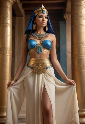 Egyptian queen, full body, strong female form, bronze skin, reddish tones, detailed jewelry, gold and blue embellishments, headdress, flowing light beige transparent draped garment, ancient Egyptian setting, wooden beams and supports, golden accessories, impressive bust, high-waisted skirt, soft lighting, hyperrealistic skin, expression is confident and alluring, medium perspective.
