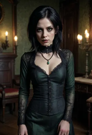 dark fantasy, female monster, green skin, stitched scars, detailed anatomy, gothic style, vintage, ornate furniture, dark wood, dim lighting, shadowy interior, creepy, low saturation, detailed clothing, torn fabric, dark grey and black clothing, small pearl necklace, black hair, woman, standing pose, expression playful, hyperrealistic