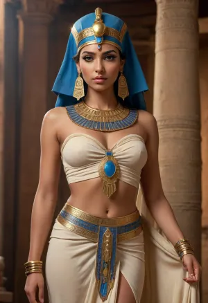 Egyptian queen, full body, strong female form, bronze skin, reddish tones, detailed jewelry, gold and blue embellishments, headdress, flowing light beige draped garment, ancient Egyptian setting, wooden beams and supports, golden accessories, impressive bust, high-waisted skirt, soft lighting, hyperrealistic skin, expression is confident and alluring, medium perspective.