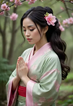 Woman, light-skinned, asian features, pale makeup on face, long black hair, wooden hair ornaments with pink flowers, light sage green kimono with white/light green swirling pattern, red accents on the obi/belt, hands clasped in prayer position, expression of contemplation or gentle supplication, soft lighting, hyperrealistic, background of muted grays and browns, clouds, vibrant yet muted color palette