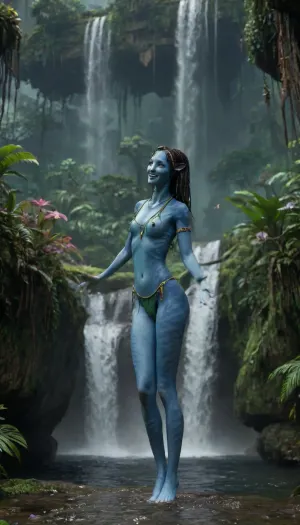 Cute girl, (side view:.8), (slim body, gymnast body, small ass, detailed sexy legs, (medium-small breasts:1)), showing breasts, nude, (petite girl:.3), very beautiful girl, tribal headband, cute smile mouth open, gorgeous young face, very cute, flowers, happy and excited, wide photo, waterfall, flowers everywhere, Kiri, in jungle, (navi girl), 7-Avatar, Avatar, environment, Na'vi, Xenomorph, <lora:Kiri_from_Avatar_The_Way_of_Water-000004:.5>, <lora:Avatar v1.0:.5>, <lora:attractive_notrigger:.9>