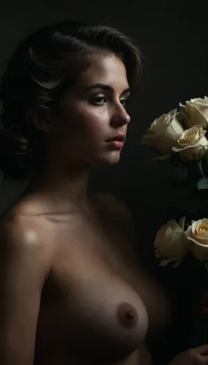 a 35mm film camera, kodak gold film, film camera, canon a1 camera, A closeup image of a nude curvy woman stands in profile against a plain, light gray background. Her body is gracefully curved, and she holds a small bouquet of flowers in front of her lower abdomen. The bouquet consists of pink and white roses with some greenery and small yellow flowers interspersed. Her hair is styled in a loose updo, with a few strands framing her face. The lighting is soft and even, creating a gentle contrast and highlighting the natural contours of her body. The overall composition is minimalist and elegant, focusing on the beauty of the human form and the delicate flowers., BadX, (Kodak Ektachrome), detailxl, (Large Saggy Breasts), <lora:DetailedEyes_V3:.5>, <lora:SDXLHighDetail_v6-000005:.5>, <lora:add-detail-xl:.5>, <lora:dark:.8>