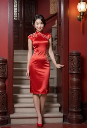 Chinese Woman, full body shot, cheongsam, (traditional red dress), Asian features, woman smiling, (light blush on cheeks), dark hair, slightly exaggerated body proportions, (hourglass figure), step, stairs, red ornate door, background, light, warm colors, hyperrealistic, contrast, bright lighting, soft focus elements.