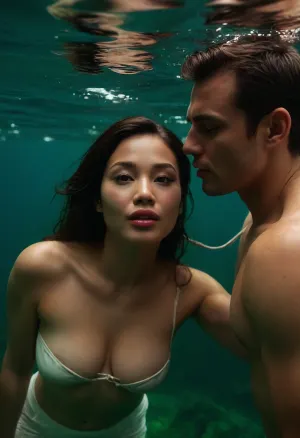 1man 1woman, couple

A beautiful 30 years old Indonesian woman. Well-built body, rounded and slightly chubby face. Black fine hair with pink shades. pink glossy liptint. Looking at the camera slightly smiling with thin lips closed, Realistic style, French kiss with a man, topless man, well-built man body, Diving showing cleavage from above, Underwater, <lora:drkmdatmsfXL:1.2>, Diving forward underwater. Diving forward, full body view, wearing white pants
green underwater vines, tangled, <lora:MIAOKA_shutengyi_xl_v1.0:.4>, hands raised behind the head, tied with ropes
