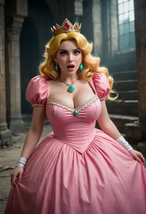 (Princess Peach), (distressed expression), pink princess dress, (((massive breasts))), ((large breasts tearing dress)), crown on head, yellow hair, dark gray/brown dungeon-like setting, teal gem on chestpiece, frustration/anxiety in her expression.