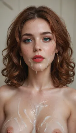 18-year-old girl, deep red hair, long curly hair, round cyan eyes, freckles, full red lips, larger lower lip, Roman nose, round face, soft glitter makeup, eyebrows as red as hair, gold hoop earrings, excessive cum everywhere, excessive cum on face, excessive cum on breasts, excessive cum on body, excessive cum on hair., woman, cum, on, face, <lora:JustCum:1.6>