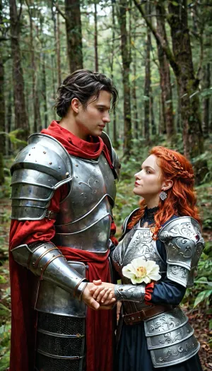 Lae'zel from baldur's gate, Red Dragon-born from baldur's gate, (man), man with woman, woman wearing sliver knight armor, man wearing black knight armor, man and woman holding hands looking at each other seductively, forest