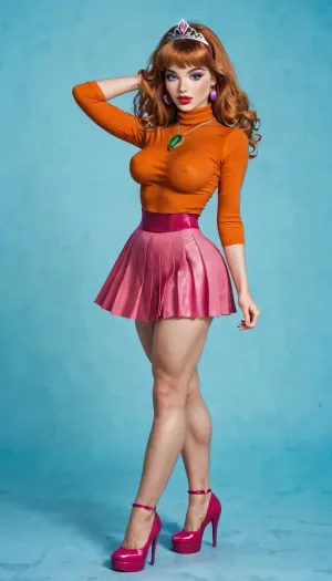 Daphne from scooby doo, daphne, sexy body, perfect face, medium breasts, tight waist, big ass, big lips, busty lips in Red lipstick, makeup, pink regatta, pink pleated skirt, wearing tiara and high heels, detailed, ultra detailed, high resolution, nsfw