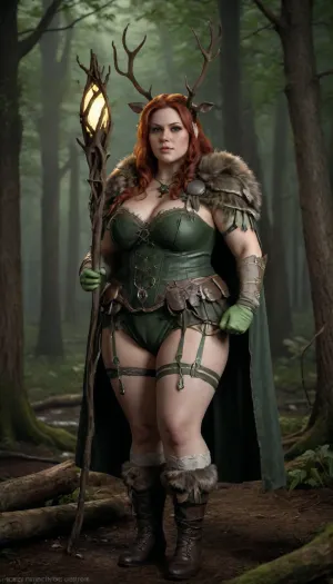 Adult woman, bbw, (white lace stocking, green shoe, green corset, green gloves, green cape, wooden staff, deer antlers on the head, bone jelly), side view, wet pussy, standing in dark forest, flover, serious face, full body, plumber labia, (huge sagging tits, bbw woman, huge tits), sexy face, beautiful hair, red hair, Her hair is tied up in a bun, deep focus, realistic details, ISO 100, realistic pictures, unique graphics, 8k, wallpaper, Hd, <lora:220437_training_data:2>, d4d, druid, <lora:diablo_4_druid_xl_v1:.8>, fur, cape, fantasy, armor, full, Antlers, leather, boots, rope, belt, trinkets, on, gauntlets, of, wood, A, staff, made, with, a, floating, crystal, <lora:DruidXL:.8>