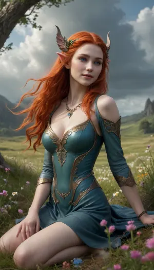 A highly detailed and vivid fantasy work of art in a dystopian yet endearing style, depicting a 21-year-old mischievous elf-like creature in a field of blooming wildflowers and grass, she has long fiery red hair flowing down her body, an hourglass figure with a full bust, narrow waist and wide hips. The semi-sheer tunic barely covers her voluptuous curves. Her sharp claws and pointed elven ears are clearly visible as she lies on the bare ground with a playful fanged grin. Despite the gloomy setting, the scene exudes a whimsical charm, and the soft sunlight filtering through the clouds accentuates its bestial beauty. The art style combines elements of dark fantasy with a cute aesthetic, focusing on her youthful mischief and wild nature.