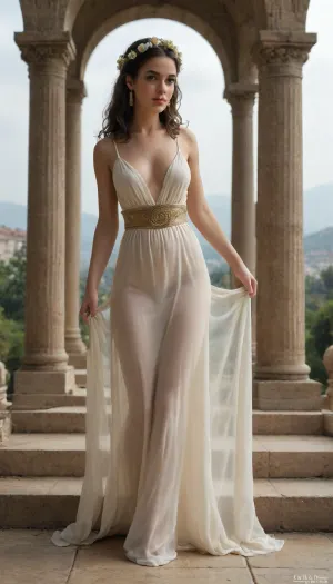 Full-length portrait of a naked young woman, likely in her late teens or early twenties, with a light complexion, and dark brown hair styled in loose waves adorned with a flower crown. She's wearing a flowing, golden-yellow, ancient Greek-style gown with a low v-neckline, accentuated by a jeweled belt. The transparent dress drapes beautifully and showcases her form, with sheer fabric cascading around her. Her expression is serene and contemplative, with a gentle smile. Her eyes are looking slightly off-center, directed slightly downward. The pose is elegant and graceful, with her arms slightly positioned to one side, showcasing the garment's movement. The scene is set outdoors under a large, luminous full moon, with dramatic clouds in the background. Ancient stone columns frame the scene, adding to the mythological atmosphere. The lighting is dramatic and soft, with a golden hue, emphasizing the details of the dress. The overall color palette is muted, with soft golden tones and deep blues and grays in the background. The textures are smooth but the flowing fabric has some gentle drape. The composition uses a three-quarter view, focusing attention on the woman and her dress's dramatic movement. Style, Neoclassical, mythological, portrait. Mood, Serene, ethereal, and timeless.