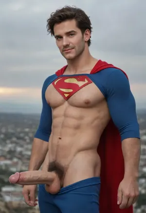 Hairy man in Superman costume, male focus, muscular, nipples, large pectorals, limp penis, smile, looking at viewer, messy hair, precum, side view, fat soft dick peeking out of pants, hairy chest, pubes, Superman costume. Setting is the sky flying