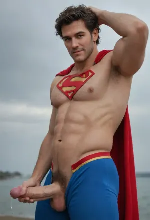 Hairy man in Superman costume, male focus, muscular, nipples, large pectorals, limp penis, smile, looking at viewer, messy hair, precum, side view, fat soft dick peeking out of pants, hairy chest, pubes, Superman costume. Setting is the sky flying. Cum. Arms up pointing with fist