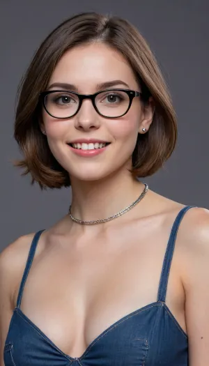 (masterpiece, best quality, highres, photorealistic:1.2), ultra-detailed photo of a young woman in her early 20s with fair skin and a slender face. She has short, straight brown hair in a bob cut, tucked behind her ears, with small dark hair clips on one side. She is wearing distinctive sharp-angled black nerdy glasses. She has a subtle closed-mouth smile.

She is wearing a sleeveless blue denim dress, with a small black and white circular pin on the chest., (her breasts peak out of the dress:1.3), . she is partily nude, Around her neck she wears a thick solid polished silver choker necklace torque. A single modern white geometric earring is visible in her ear.

The lighting is soft and bright, creating gentle shadows. full body view.