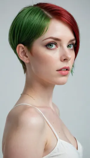 head to toe image of an android girl with green and red hair in a long pixie cut hair seen from the 3/4 side, luminescent Bright Green eyes, all white background, d-cups, <lora:220437_training_data:.5>, <lora:Venus_Body_Alpha:.5>