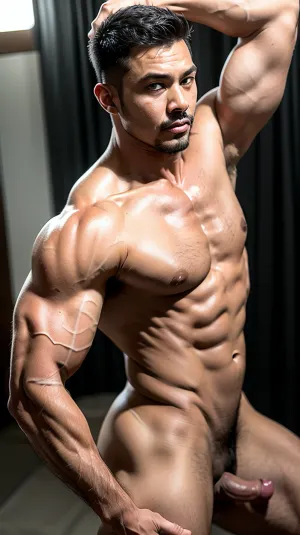 In the afternoon, (Male. 1man:1.5), solo, Age 40, (A middle-aged man, Asian people, Thailand), The two arms are on the sides of the body., A man with a strong body and fit fit., (Big, thick, and hard penis), Short hair, Black hair, Make an aggressive face, of non-traditional orientation tinted lustful horny, A man who is a naked man, .The male organ is of a normal shape., erection, erected penis, Realistic visuals, the penis is not wrong., penis, flaccid, erect, large, <lora:BetterCocks:1.8>, <lora:274915_training_data:.8>
