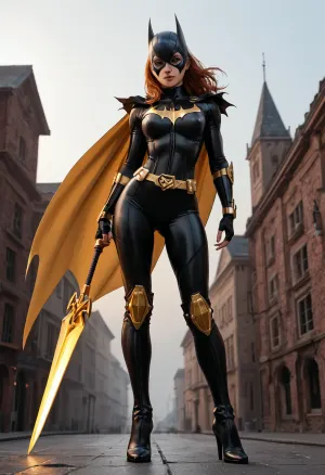A full-body depiction of Batgirl, standing confidently on a dimly lit rooftop under the glow of Gotham's moonlight. She has a toned, athletic physique wrapped in a sleek, form-fitting Batsuit that contours to her curves. The suit is made of a high-gloss, armored material — black with subtle blue highlights — and features a bold, gold bat emblem stretched across her chest. Her utility belt sits snugly at her waist, emphasizing her hourglass shape.

Her pose is both commanding and alluring, one hip cocked to the side, her weight resting on one leg. One hand grips her grappling hook, while the other rests casually on her thigh or just brushing her belt. Her cape flows behind her, parting slightly to reveal the back curves of her suit and the strong lines of her legs.

The boots are sleek, heeled, and reach just below her knees, and her gloves are fingerless at the tips, showing perfectly manicured hands ready for action. Her cowl frames her face, revealing sultry eyes behind glowing white lenses, and her long auburn hair spills freely from the back in loose, windswept waves.