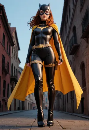 A full-body depiction of Batgirl, standing confidently on a dimly lit rooftop under the glow of Gotham's moonlight. She has a toned, athletic physique wrapped in a sleek, form-fitting Batsuit that contours to her curves. The suit is made of a high-gloss, armored material — black with subtle blue highlights — and features a bold, gold bat emblem stretched across her chest. Her utility belt sits snugly at her waist, emphasizing her hourglass shape.

Her pose is both commanding and alluring, one hip cocked to the side, her weight resting on one leg. One hand grips her grappling hook, while the other rests casually on her thigh or just brushing her belt. Her cape flows behind her, parting slightly to reveal the back curves of her suit and the strong lines of her legs.

The boots are sleek, heeled, and reach just below her knees, and her gloves are fingerless at the tips, showing perfectly manicured hands ready for action. Her cowl frames her face, revealing sultry eyes behind glowing white lenses, and her long auburn hair spills freely from the back in loose, windswept waves.