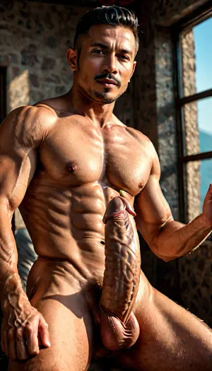 Full body view, wide view, front view, (1 male:1.5), single, 40 years old, (male, Asian, Indonesia), strong and fit male, (large, thick, erect male genitalia pointing up), The testicles are large and round. Short hair, dark hair, tanned skin, mustache, facial expression with sexual desire, high sexual desire, naked male, (Efficiency of the male organ), Realistic, detailed images, (Very realistic with high detail:1.6), (Professional photography:1.6), (High resolution:1.5), (Maximum resolution:1.5), (Clear focus:1.6), (8k:1.6), (Too detailed:1.6), (Maximum number of photos:1.6), (Best photo quality:1.6), 8k HDR photos taken with Canon EOS R5 75mm lens, giant erect penis, show, face, and chicken, (professional penis:1.6), Captured 8k HDR. The photo was taken with a 75mm Canon EOS R5 lens, a giant erect male penis, a show, a face, and a chicken, a penis., Big, cock, photo, portrait, <lora:Dramatic_penis_SDXL:1.1>, <lora:pein:.4>, <lora:real-humans-PublicPrompts:1.4>