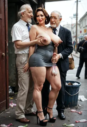 old man, old man full body, (hot milf holding old mans cock), (mature milfof 69 years old, giving hand job), (old man groping huge medium saggy boobs mature milf:1.3), on a garbage, trash bin, full body, used condom belt, used many condom on the floor, several men, many people around, (very short dress:1.6), wedge high heels, hard nipples