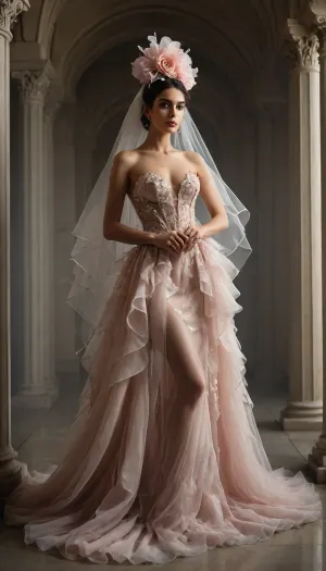 conceptual bridal portrait — Iranian model in high fashion asymmetric sheer gown with flowing organza and wire structure, oversized floral headpiece with metallic elements, extreme blush and sparkling lipstick, standing in fog-lit set with glowing columns


. footwear, BadX, bad, anatomy, hands, feet, <lora:adjustingfootwear_XL_v1:1>, <lora:badanatomy_SDXL_negative_LORA_SeaArtXL_v1:1.1>