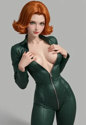 A full-body depiction of Sam from Totally Spies, standing confidently in her signature green catsuit — sleek, form-fitting, unzipped with hands, unzipped, showing tits, open suit, and accentuating her athletic, hourglass figure. The material of the suit has a soft sheen, hugging her curves and reflecting light in all the right places. Her utility belt sits low on her hips, drawing attention to her narrow waist.

She stands with one hip cocked, a hand resting lightly just above it, and the other hand holding a unzipped suit showing breast. Her legs are long and strong, slightly apart in a bold, assertive stance. The green suit is unzipped, revealing a tasteful tits.

Her bright red hair falls in smooth waves past her shoulders, with a few strands tucked behind her ear to reveal a sly, knowing smirk. Her green eyes are focused and playful