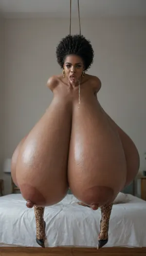 (ebony:1.9), fucking from behind with white man, (african woman:2.3), (facial:1.5), blowjob on huge white cock, (cumshot:1), fully naked, (cum covered:.2), (cum on tits:1), pouting lips, sitting on bed, riding on huge white cock, reverse cowgirl, (gigantic hanging breasts:1.9), massive saggy tits, very long curly black hair, looking at viewer, (overflowing tits:2.9), (very dark skin, large dark areolas, dark big nipples:1.9), wrapping boobs around huge white cock and tit fucking cock, gangbang, interracial, tit job, huge white dick squeezed between breasts, (cum splash:.1), oil, Photorealism, UHD, 8K, ultra realistic, nipple rings, extreme hairy pussy, hirsute, afro, open mouth, tongue, (high heels with plateau, plateau stiletto, plateau, strapped heels, boots), fucking, ass fucking, pussy fucking, double penetration