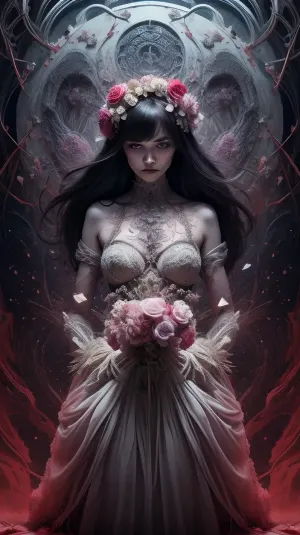 A Macabre and Surreal Illustration of a woman in light pastels depicts a skeletal figure adorned with elaborate floral arrangements that blend elements of the Gothic and Symbolist art movements. Meticulously detailed. Strong contrast between the organic and inorganic. A somber and timeless atmosphere with a hint of nostalgia and history. The light source comes from the front and casts subtle shadows that enhance the three-dimensionality of the bones and flowers. The floral elements are rendered with great attention to detail, their soft petals contrasting with the sharp, angular lines of the skeleton. The flowers add a romantic touch to the work. The texture is smooth with delicate, precise lines and a polished finish. Masterful blend of horror and beauty. Provokes reflection on the transience of life and the inevitability of death. coquettish, elaborate hairstyle, short skirt made of cotton candy, romantic sunset, red, smoke, colorful and vibrant, mystical colors, iridescent perspective view, sweeping circling composition, non-representational, colors and shapes, expression of feelings, imaginative, long shadows, dreamy mood, detailed photo, photorealistic photo, realistic pretty women photo, realistic, night vision, soft fokus, parallax, overexposure, photo style, she kneels, cinematic, filmic, scribbled lines, surrender, polychromatic, diffuse, #©KITTYART