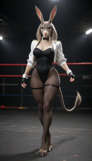 (((Sybil from Pseudoregalia))), (((furry:1.5))), (((anthropomorphic bunny-goat girl:1.3))), (((sleek gray fur:1.3))), long_floppy_goat_ears, (((hooves instead of feet))), bare feet, (((stands in a fighting stance))), large expressive blue eyes with dark lashes, angular golden antler-like horns, tall athletic build, toned and fit body, narrow waist, ((wide hips:1.2)), ((large breasts:1.1)), ((strong thighs:1.2)), (((long gray tail with tufted tip))), elegant neck, sharp facial features, wearing a tight black sleeveless bodysuit that accentuates curves, short cropped white jacket with rolled-up sleeves and gold cuffs, black fingerless gloves, tight black leggings, confident and determined expression