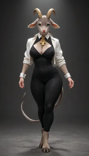 (((Sybil from Pseudoregalia))), (((furry:1.5))), (((anthropomorphic bunny-goat girl:1.3))), (((sleek gray fur:1.3))), long_floppy_goat_ears, (((hooves instead of feet))), bare feet, (((stands in a fighting stance))), large expressive blue eyes with dark lashes, angular golden antler-like horns, tall athletic build, toned and fit body, narrow waist, ((wide hips:1.2)), ((large breasts with nipples sticking out from under clothes:1.1)), ((strong thighs:1.2)), (((long gray tail with tufted tip))), elegant neck, sharp facial features, wearing a tight black sleeveless bodysuit that accentuates curves, short cropped white jacket with rolled-up sleeves and gold cuffs, tight black leggings, confident and determined expression
