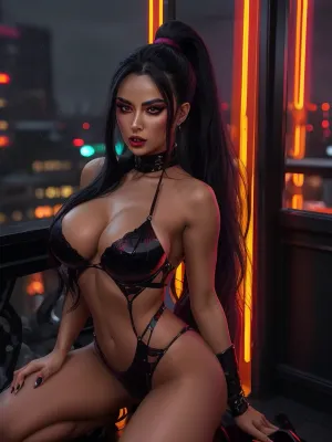 A full-body image of Nyra, a fierce and seductive rogue operative aged 29, ddd breast size kneeling her knees atop a rain-soaked rooftop at night. Her long black hair is pulled into a high ponytail, and her glowing amber eyes are locked on the viewer with a playful, predatory glint. She’s wearing a dark red and black langerie set that clings to her toned body, One hand rests on her pussy, while the other holds her breast, giving a sext wink. Her expression is daring, flirtatious and sexy. The scene is lit by neon signs casting violet and crimson hues, with rain reflecting the glow across the rooftop. Dramatic, cinematic, with a bold edge.