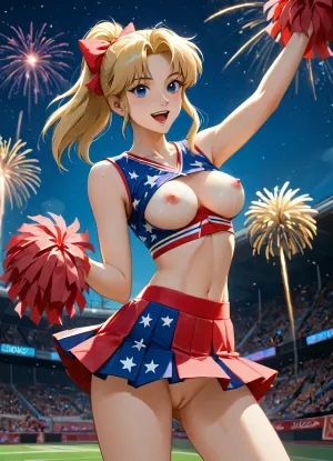 masterpiece, best quality, highly detailed, (anime, Yu Yu Hakusho anime style:1.2), BREAK, (a gorgeous 25 year old white cheerleader:1.2), sexy pose, (celebrating the 4th of July, her finger pressing a button on a remote she is holding in her hand as many fireworks shoot up from the ground behind her and light up the night sky:1.2), (she is laughing and having fun with a really cheeky smile), (American flag cheerleader top lifted revealing breasts), (American flag cheerleader skirt, pussy peak), (wearing a top hat with stars and stripes), blonde hair, blue eyes, natural b cup tits, perfect nipples, slim, athletic, gymnast body, <lora:Animated_Concept:1>