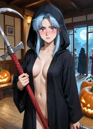masterpiece, best quality, highly detailed, (anime, Yu Yu Hakusho anime style:1.2), BREAK, ((a gorgeous 25 year old white girl, Botan from Yu Yu Hakusho)), looking at viewer, (in the living room of her house as she is hosting a crowded Halloween party:1.2), (punchbowl and carved pumpkins in background), (she is wearing a loose black hooded robe with hood over her head, no bra, no panties, holding a scythe in her hand:1.2), (she is confused as to why she has to wear this outfit saying "I don't get these black robes and the scythe so I don't get the point of this outfit":1.2), (confused, embarrassed, annoyed, blushing:1.2), natural B cup breasts, (light blue hair:1.1), (Rose pink eyes:1), slim body, dark Halloween environment with eerie lights, The vibrant party backdrop is filled with a mix people dressed as goblins, ghosts, and other spooky characters, their gazes drawn to Botan's bold ensemble, The room is bathed in an eerie, pulsing light, casting shadows that dance across the walls as partygoers mill about, <lora:Animated_Concept:1>