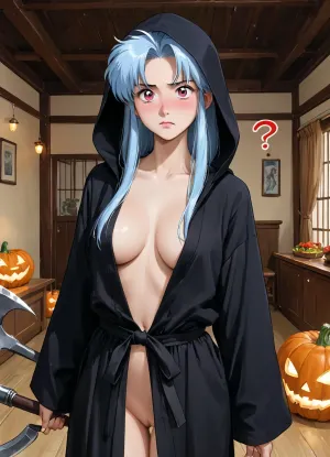 masterpiece, best quality, highly detailed, (anime, Yu Yu Hakusho anime style:1.2), BREAK, ((a gorgeous 25 year old white girl, Botan from Yu Yu Hakusho)), looking at viewer, (in the living room of her house as she is hosting a crowded Halloween party:1.2), (punchbowl and carved pumpkins in background), (she is wearing a loose black hooded robe with hood over her head, no bra, no panties, holding a scythe in her hand:1.2), (she is confused as to why she has to wear this outfit saying "I don't get these black robes and the scythe so I don't get the point of this outfit":1.2), (confused, embarrassed, annoyed, blushing:1.2), natural B cup breasts, nipslip, (light blue hair:1.1), (Rose pink eyes:1), slim body, dark Halloween environment with eerie lights, The vibrant party backdrop is filled with a mix people dressed as goblins, ghosts, and other spooky characters, their gazes drawn to Botan's bold ensemble, The room is bathed in an eerie, pulsing light, casting shadows that dance across the walls as partygoers mill about, <lora:Animated_Concept:1>