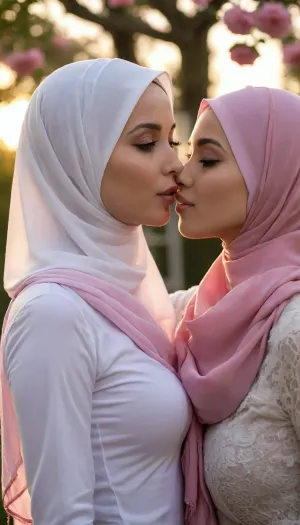 ultra high detailed photo, HD, 2girls, asian hijab girls kissing, rose garden, detailed face, extremely beautiful face, perfect breasts, slim body, dynamic pose, hands on hips, side view, low angle, sunset, strong rimlight, thin fabric clothes, pink scarf, parisseries hijab, white undercap covering hair, strong shadow, close up photo, detailxl, <lora:CinematicStyle_v1:.8>