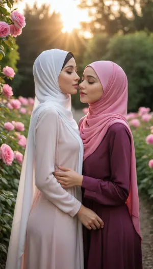 ultra high detailed photo, HD, 2girls, asian hijab girls kissing, rose garden, detailed face, extremely beautiful face, perfect breasts, slim body, dynamic pose, hands on hips, side view, low angle, sunset, strong rimlight, thin fabric clothes, pink scarf, parisseries hijab, white undercap covering hair, strong shadow, close up photo, detailxl, <lora:CinematicStyle_v1:.8>