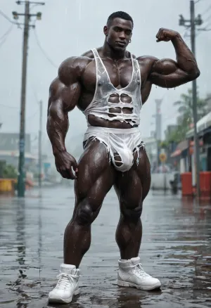 Full body view, far view, african black man, drk black sin, bodybuilder body, guge muscles, excessive hairy black body, big pecs, big bulge, big tits, big ass booty, bubblebutt rond ass, big ass, (big booty:1.5), african gay man, (black body:1.7), exhibiting his big booty, wearing wet white net transparent speedo and wet white net transparent tank top, torn speedo, torn tank top, (white outfits:1.8), (torn outfits:1.6), wet outfits, exhib, hot, only gay man, black male, huge muscles, standing sexy pose, under heavy rain, rainning, wet, front view, flexing his biceps, sexy position