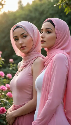 ultra high detailed photo, HD, 2girls, asian hijab girls, kissing, nude, rose garden, detailed face, extremely beautiful face, perfect breasts, slim body, dynamic pose, hands on hips, side view, low angle, sunset, strong rimlight, pink scarf, parisseries hijab, undercap covering hair, strong shadow, close up photo, detailxl, <lora:CinematicStyle_v1:.8>
