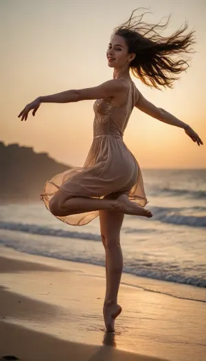 ultra high detailed photo, HD, nude petite french girl doing jumping ballet, detailed face, innocent smile, seethrough body shillouette, thin fabric dress, flowing long hair, nipples poking, no_underwear, strong backlight, strong front shadow, barefeet, full body, dynamic pose, side view, beach, golden sky, sunset, detailxl, <lora:CinematicStyle_v1:.8>