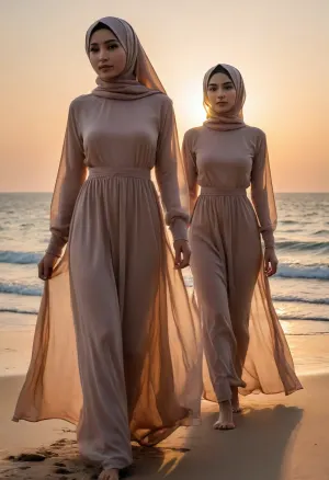 ultra high detailed photo, HD, 2girls, nude petite asian hijab girls posing, seethrough body shillouette, thin fabric long dress, strong backlight, sunset, strong front shadow, dynamic pose, low angle, beach, night, detailxl, <lora:CinematicStyle_v1:.8>