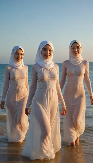 ultra high detailed photo, HD, 3girls, nude petite asian hijab girls posing, extremely detailed face, happy face, innocent smile, seethrough body shillouette, thin fabric long dress, (undercap covering hair), (faded nipples poking), no_underwear, strong backlight, strong front shadow, full body, dynamic pose, high angle, beach, clear blue sky, sunset, detailxl, <lora:CinematicStyle_v1:.8>