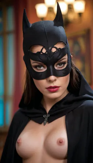 Lady Zorro, nude, shaved pussy, black cape and mask.
