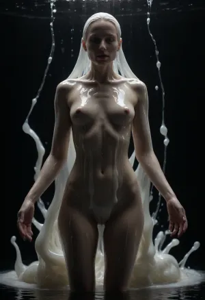 A human figure partially enveloped in flowing liquid slim, resembling super tick white slime. The glossy cum reflects light dynamically, creating a surreal and futuristic aesthetic. The slime seamlessly drenched with the skin, forming intricate patterns and organic shapes. Dramatic cinematic lighting, ultra-detailed, hyper-realistic, smooth reflections, futuristic and artistic composition.