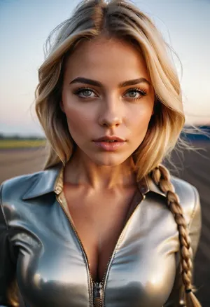 Ultra Realistic photography, ultra high quality, wide angle lens, from below, full body shot, 25 years old woman is walking, at a large airfield, well-built body, c-Cup sized boobs, tight grey leather suit, leather boots, lovely young face, square face form, seductive view, view to viewer, expressive eyes, glossy eyes, eyeliner, long blonde hair with braids, snub nose, symmetrical eyes, highly detailed lips, highly detailed fingers, highly detailed teeth, highly detailed eyes, highly detailed iris, skin pores, mat skin, skin texture, manicure, Fujifilm, (bokeh), smooth lighting