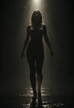 minimalist fantasy art, extreme long shot, A fit body nude elven woman walks calmly on the surface of a perfectly still, dark water under an infinite void, Stark backlighting from a single unseen light source behind her creates a sharp, glowing silhouette, Concentric ripples expand with each step from her bare feet, Deep black emptiness surrounds the water, Ethereal, mysterious, high contrast, sharp silhouette, volumetric light rays, <lora:dark:.8>